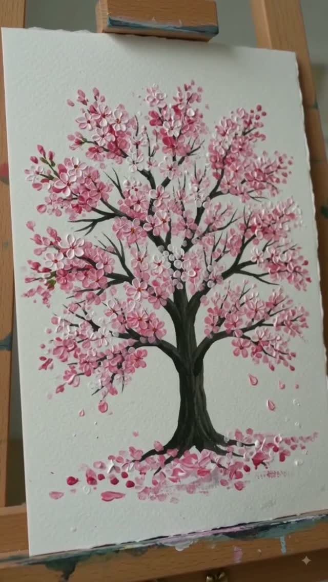 A pink cherry blossom tree painting displayed on a wooden easel.