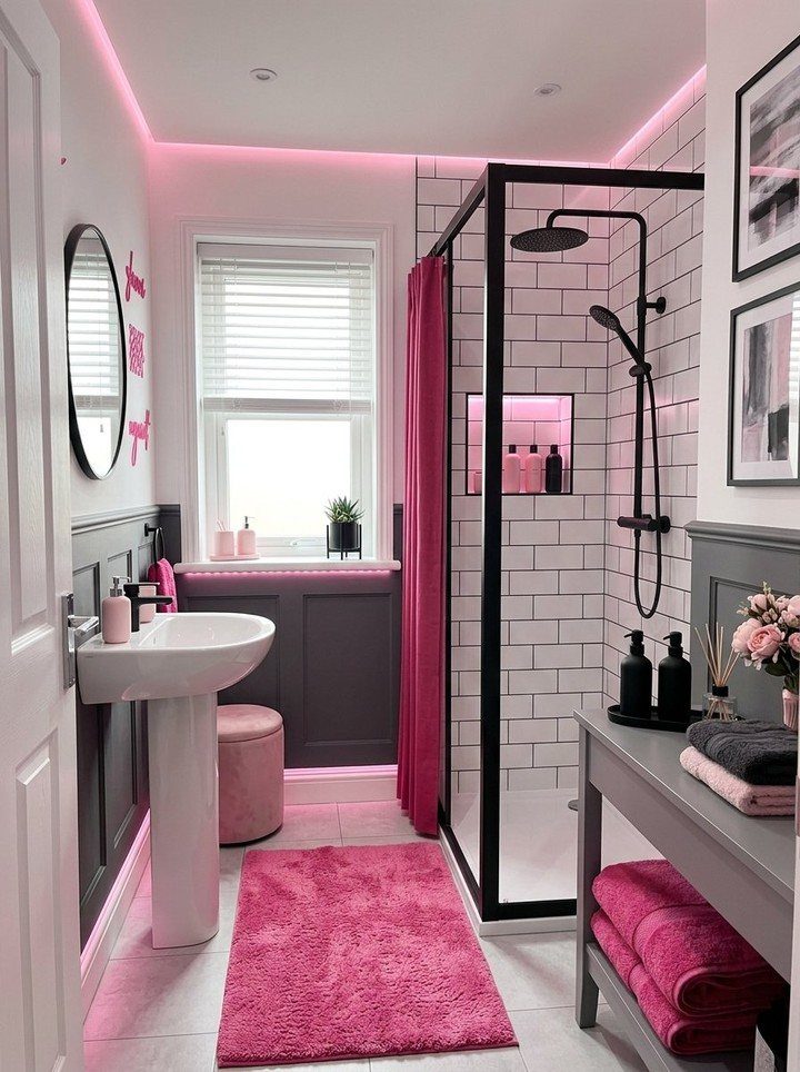 A modern bathroom with a vibrant pink shower curtain, pink rug, and pink accents.