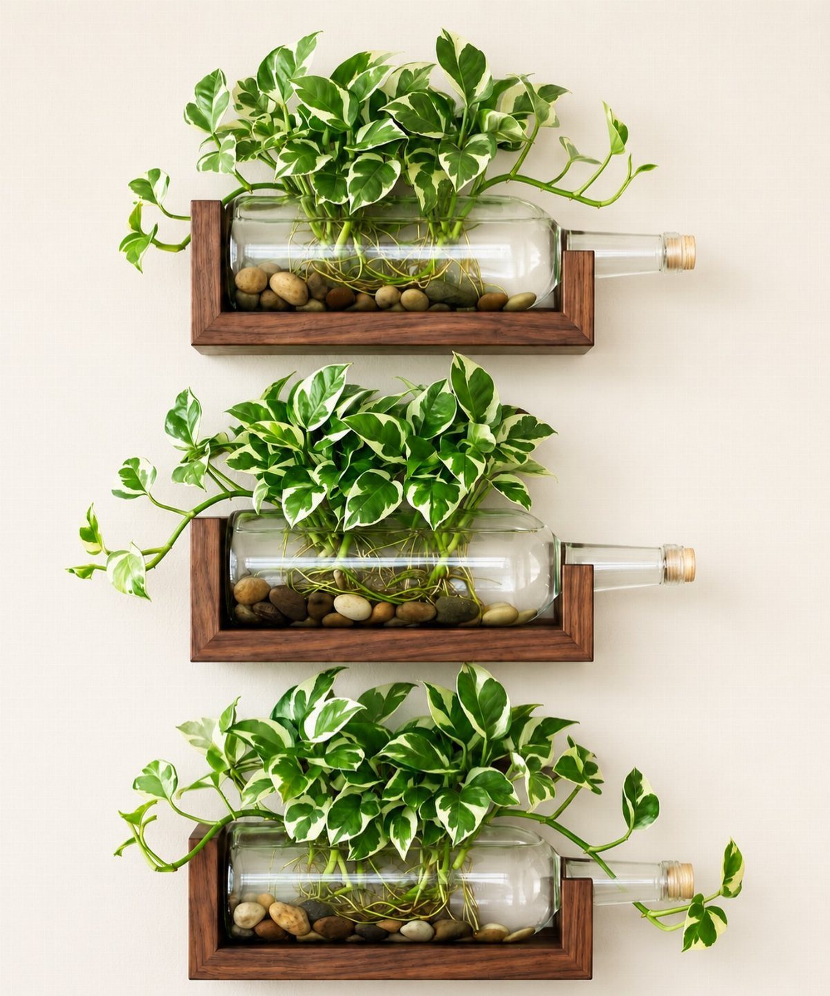 Three wall-mounted wooden planters with glass bottles containing green variegated plants and pebbles.