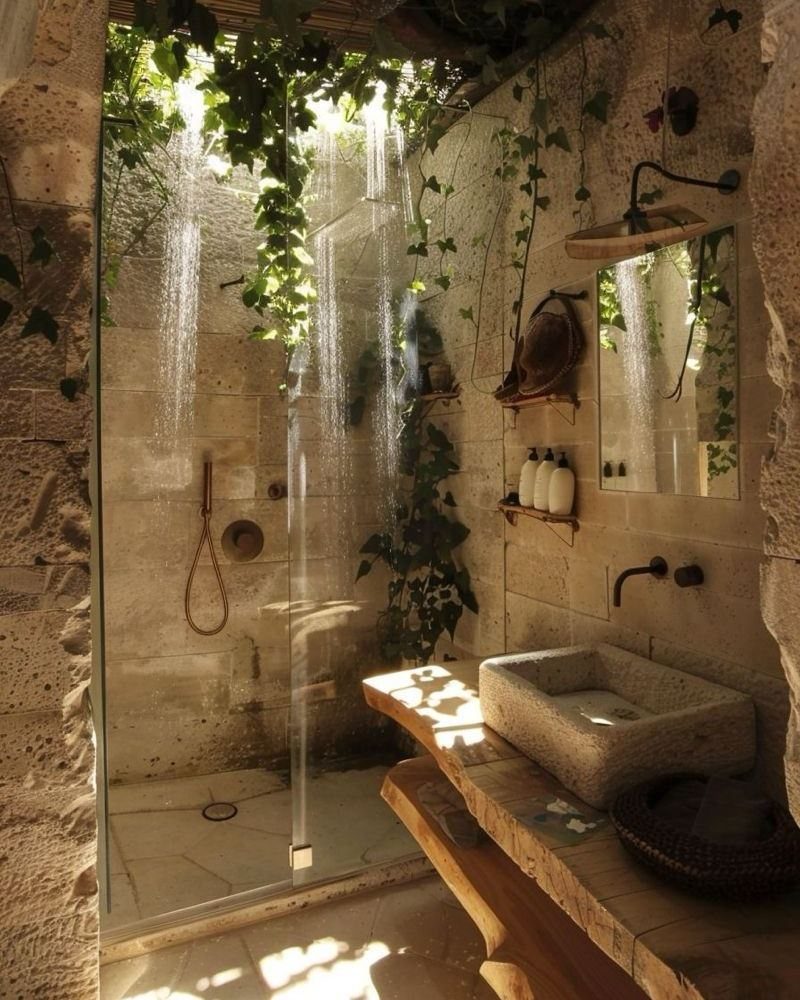 Stone bathroom with a glass shower, cascading water, and lush green vines hanging from the ceiling.