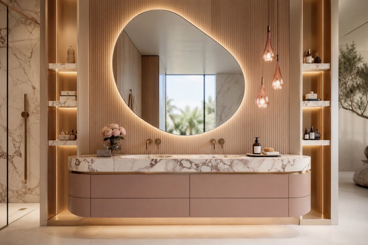 Pink floating vanity with marble countertop and backlit organic mirror against wood paneling.