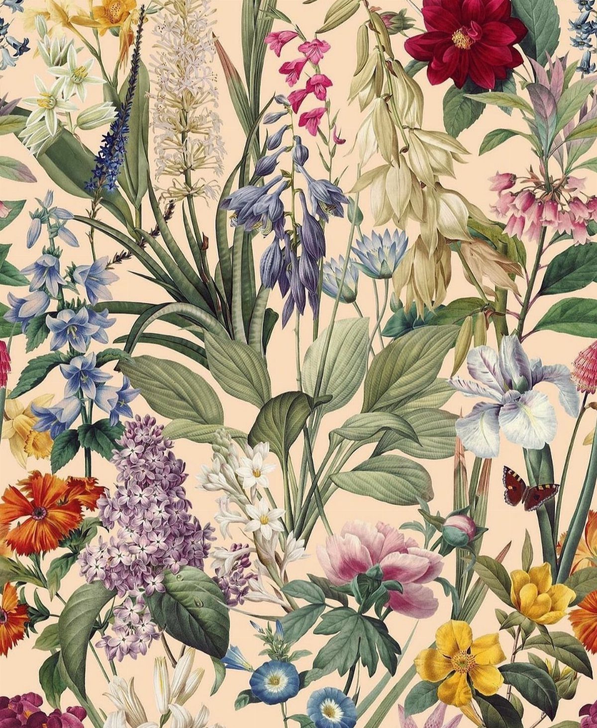 Floral pattern with colorful wildflowers, green leaves, and various blossoms on a peach background.