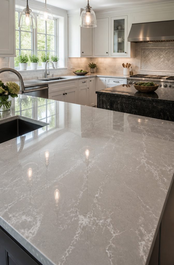 Kitchen with a quartz countertop and a dark granite island.