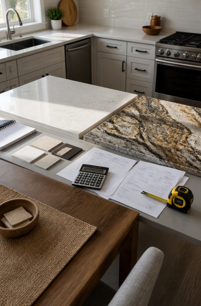 Overhead view of countertop materials with invoices and price tags.