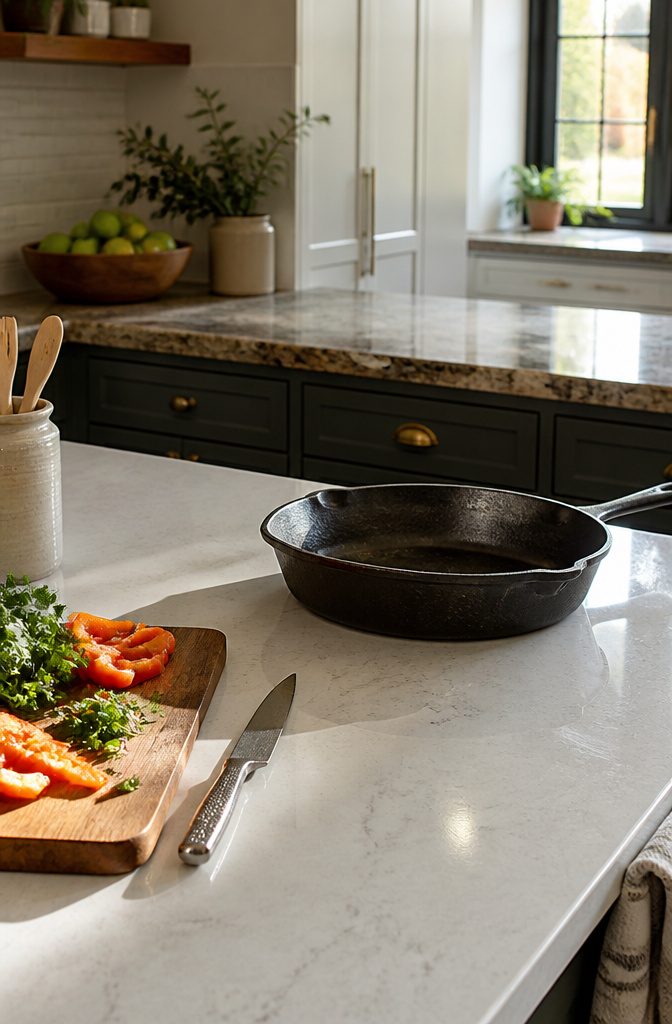 Close-up of quartz countertop with a cast-iron skillet on it.