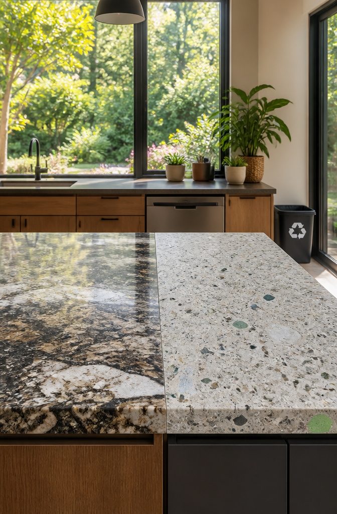 Kitchen displaying quartz and granite countertops with plants and recycling.