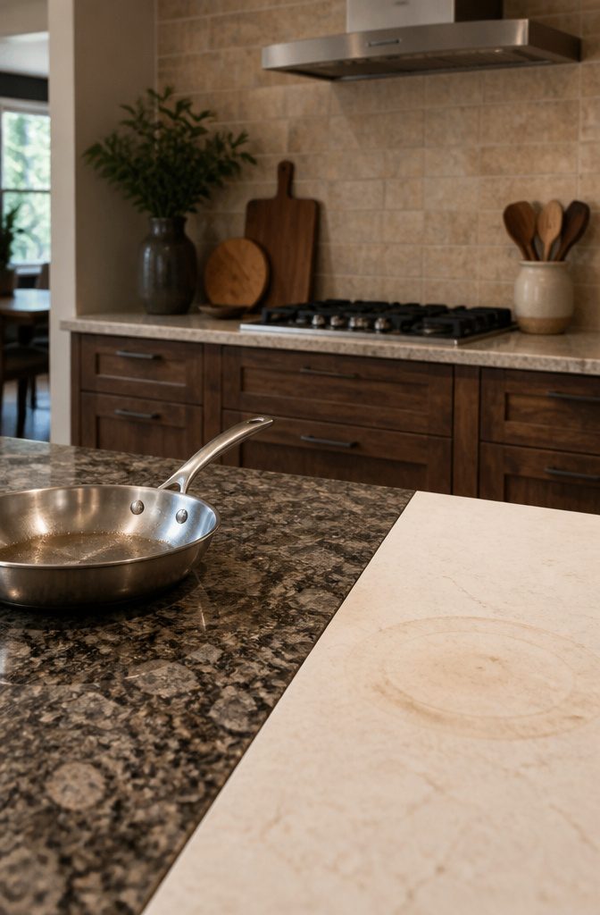 Kitchen countertop with a hot pan on granite and heat marks on quartz.