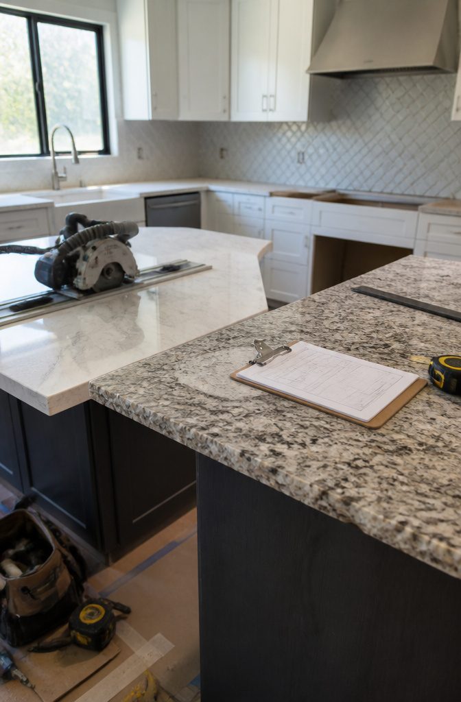 Quartz slab being cut and granite slab templated during installation.