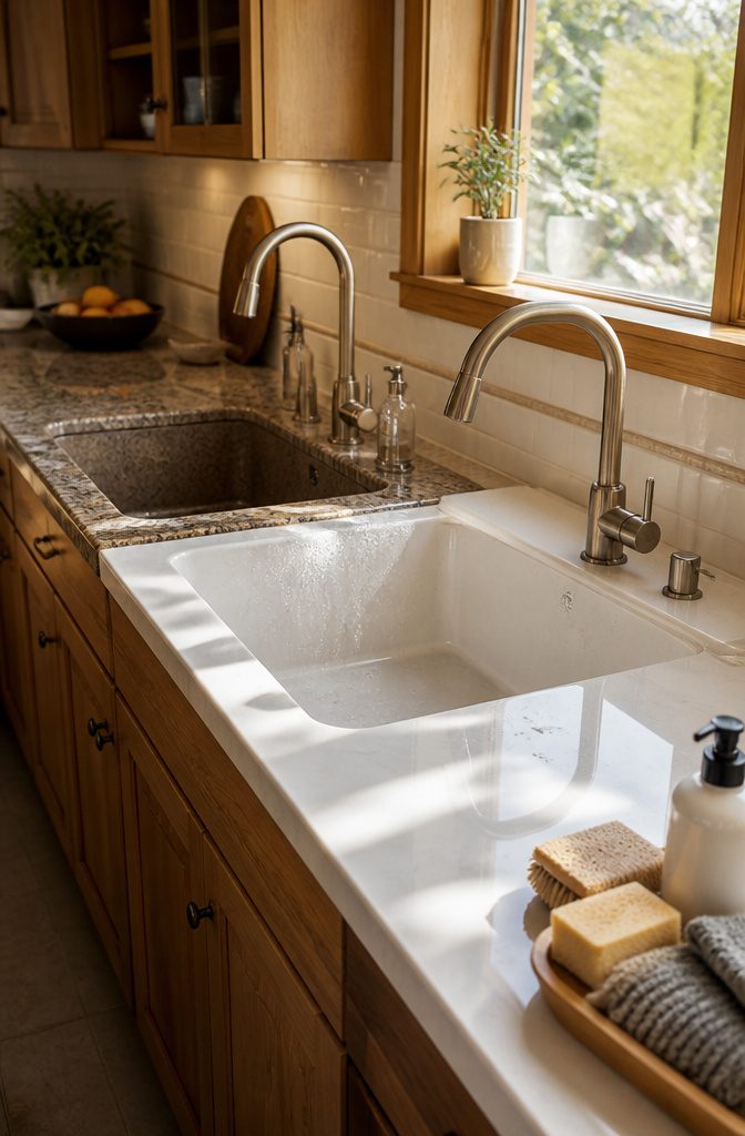 Side-by-side sinks showing a clean quartz sink and a worn granite sink.