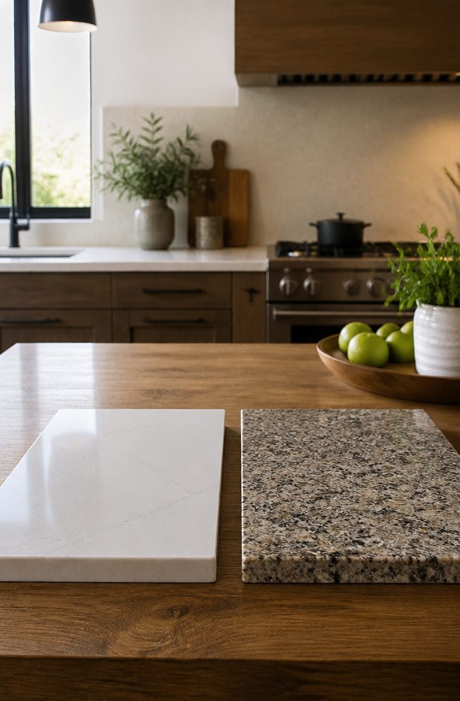 Display of quartz and granite samples on a wooden countertop.