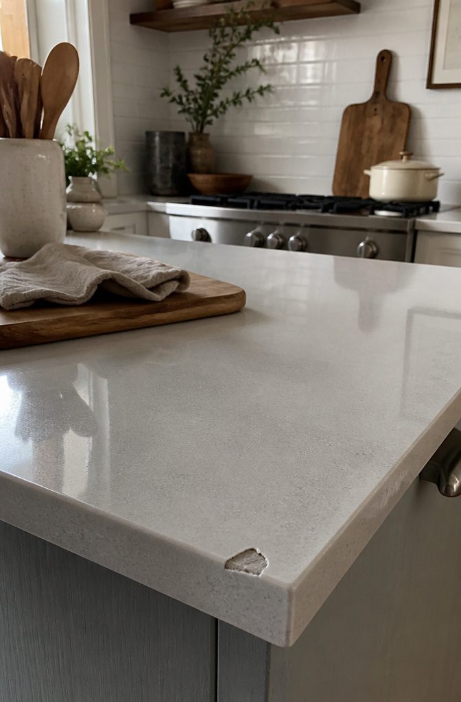 Close-up of a quartz countertop with a visible chip near the sink.
