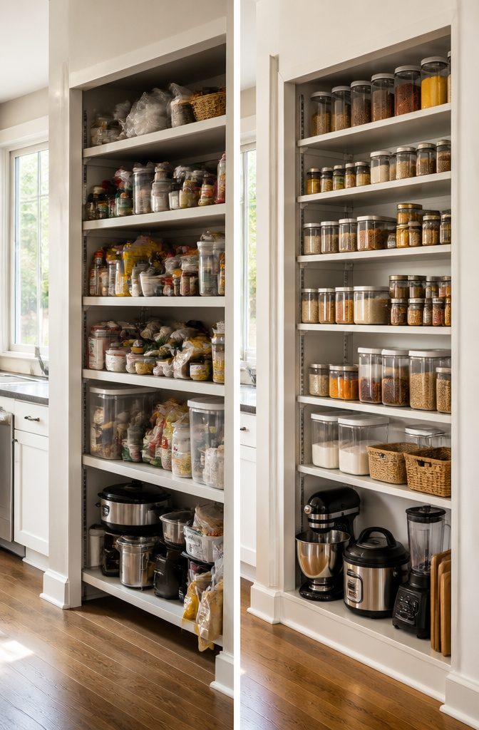 Wall-mounted and free-standing adjustable shelves in a home setting.