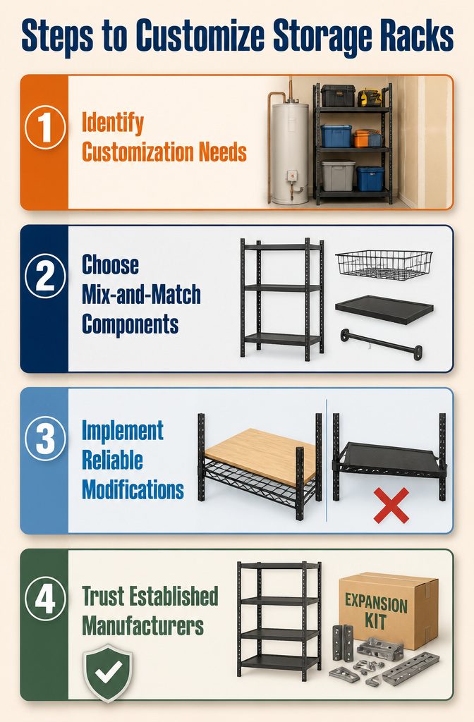 Steps to customize storage racks for better organization and use.