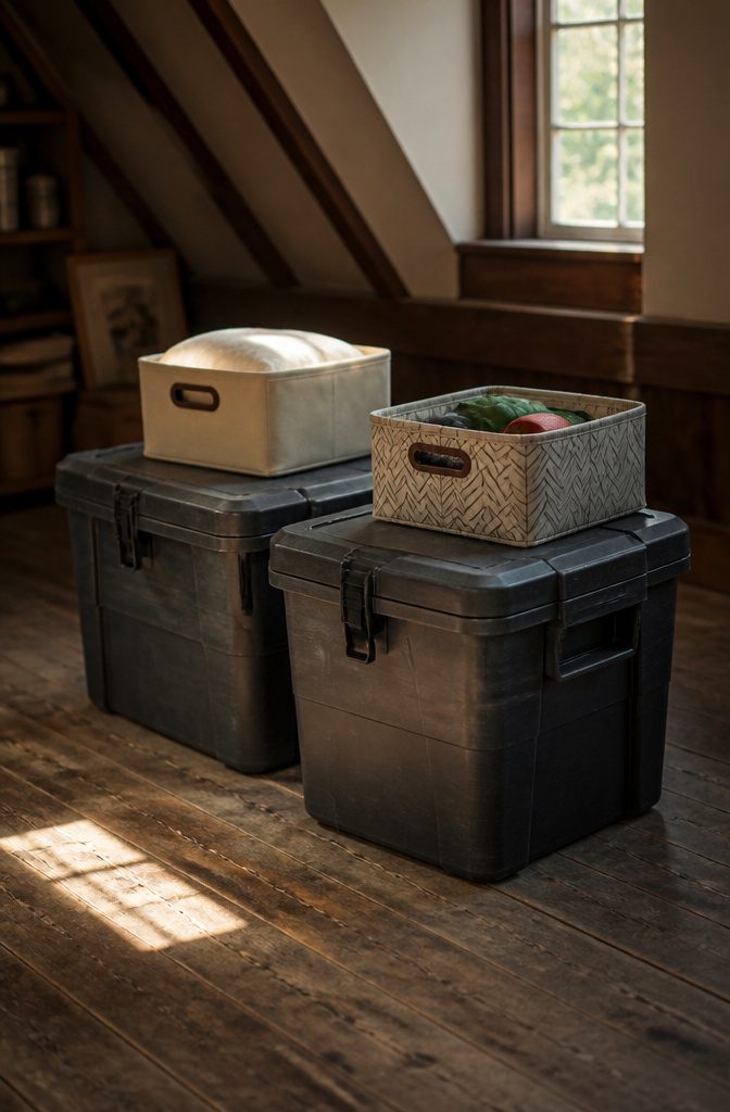 Footlockers stacked in a corner and under a bed in a home.