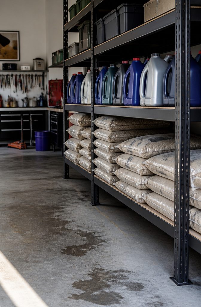 Metal-framed shelves stacked with bags of concrete mix and motor oil in a garage.