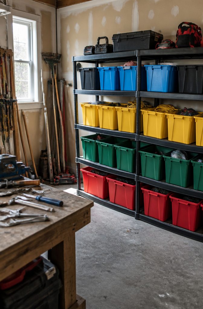 Plastic storage shelves slightly bowed under various items in a bright garage.