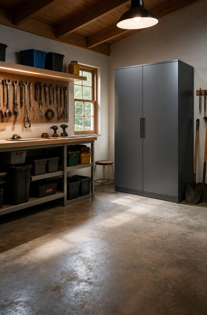 Storage cabinets with doors in a garage, providing organized storage.