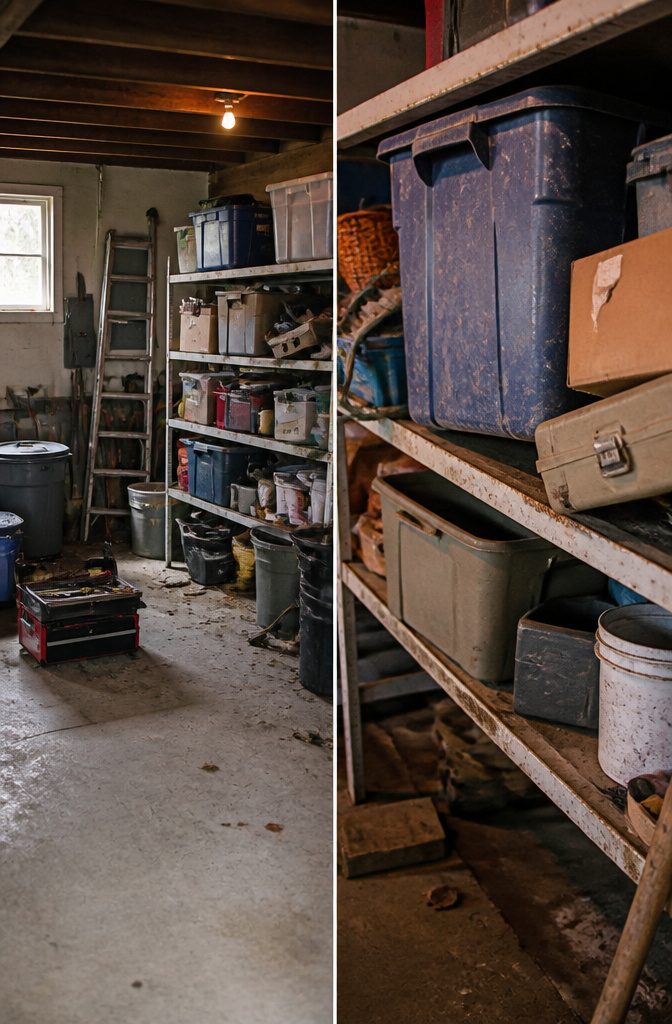 A cluttered garage corner with disorganized bins and a sagging shelf.