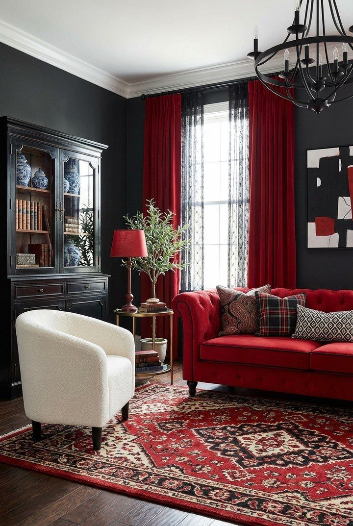 Red velvet sofa and dark walls in a moody, sophisticated living room setting.