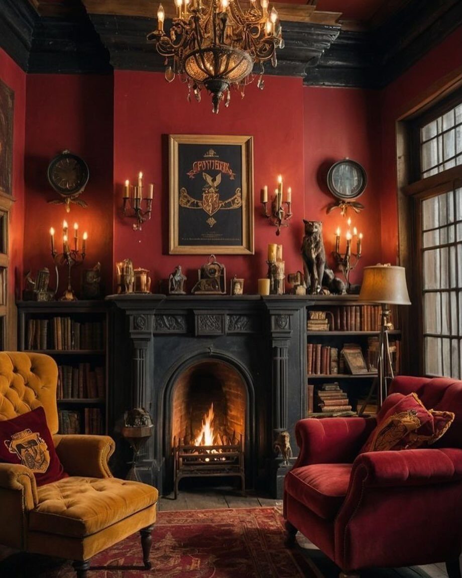 Red walls and dark furniture surround a glowing black fireplace in a moody living room.