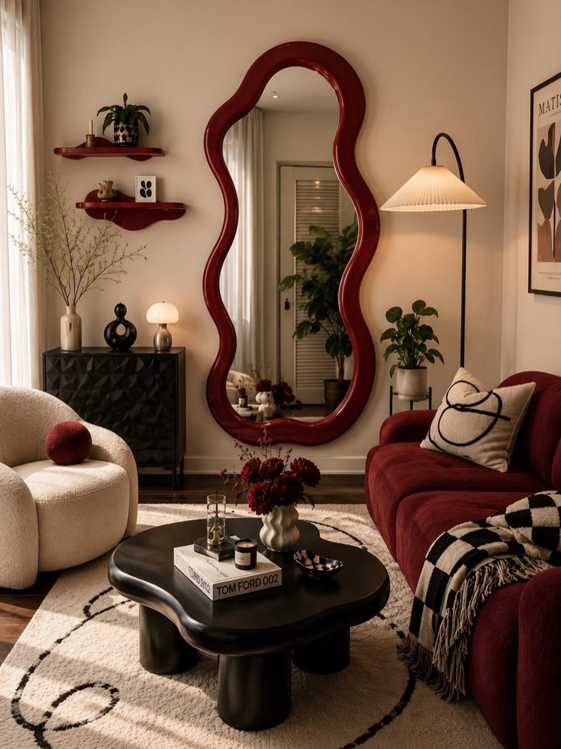 Modern living room with a wavy red mirror, red sofa, and black organic coffee table.