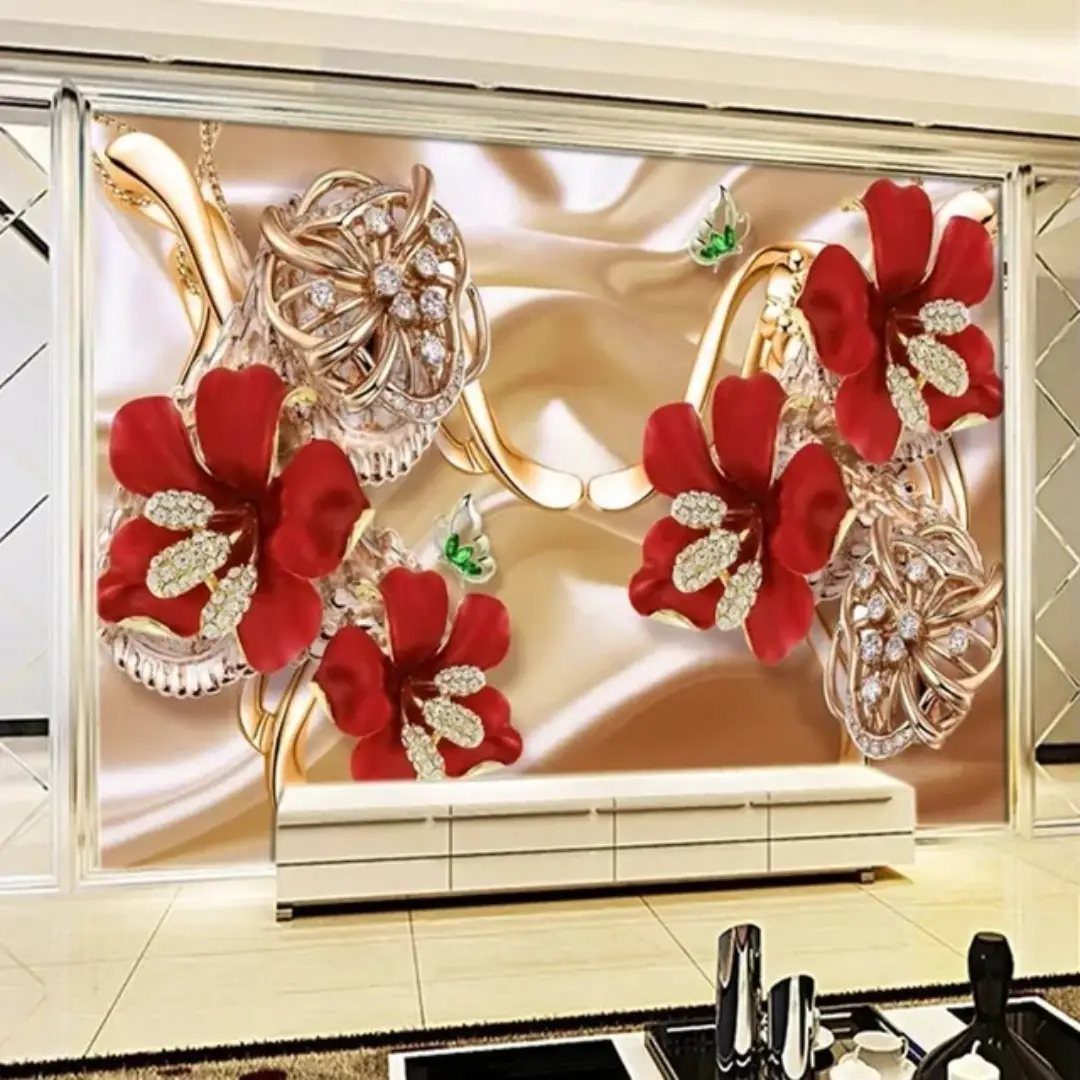 Large 3D wall mural with red flowers, gold swirls, and diamond accents in a modern living room.