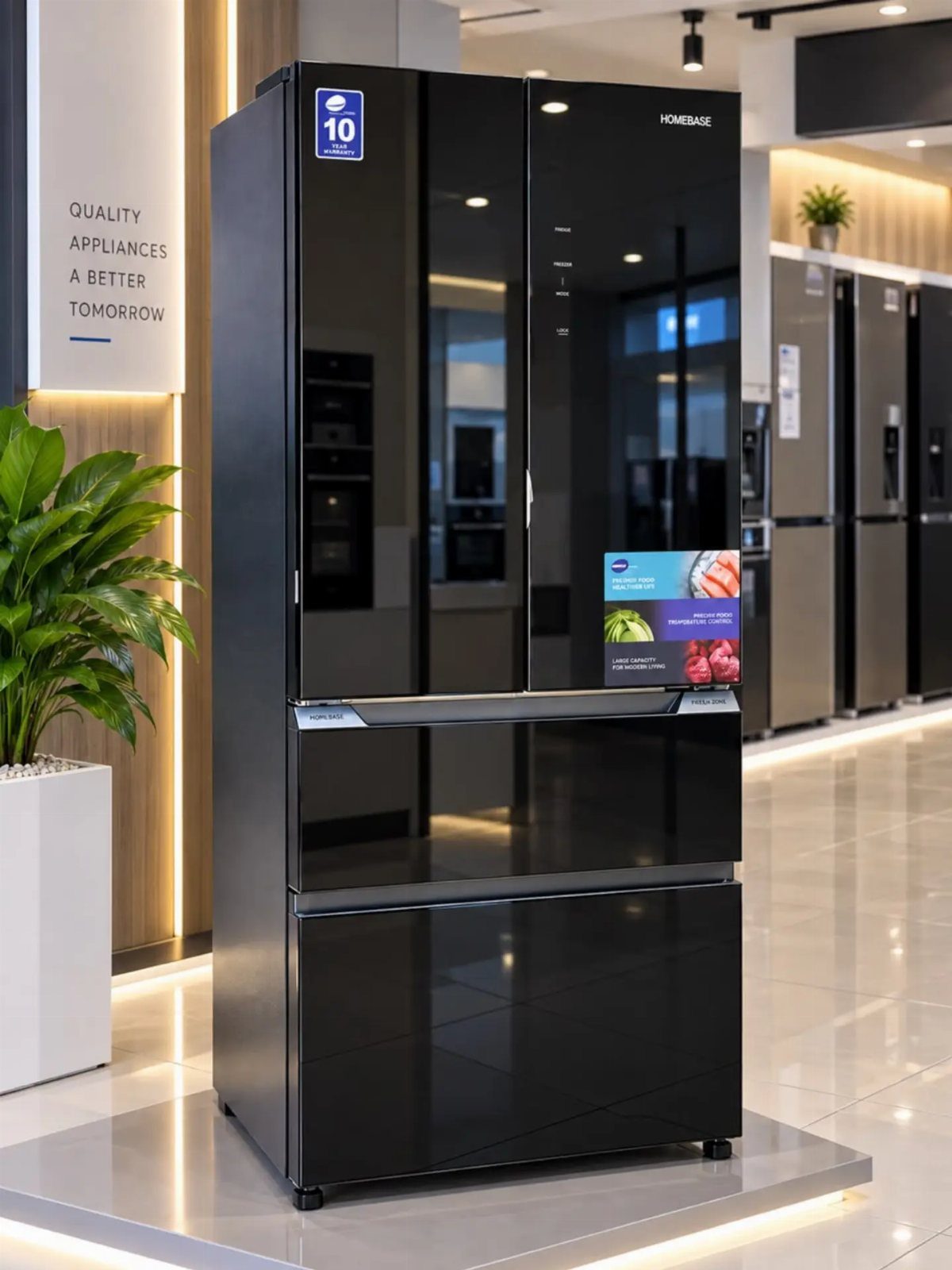 Black glossy French door refrigerator displayed on a lit platform in a modern showroom.