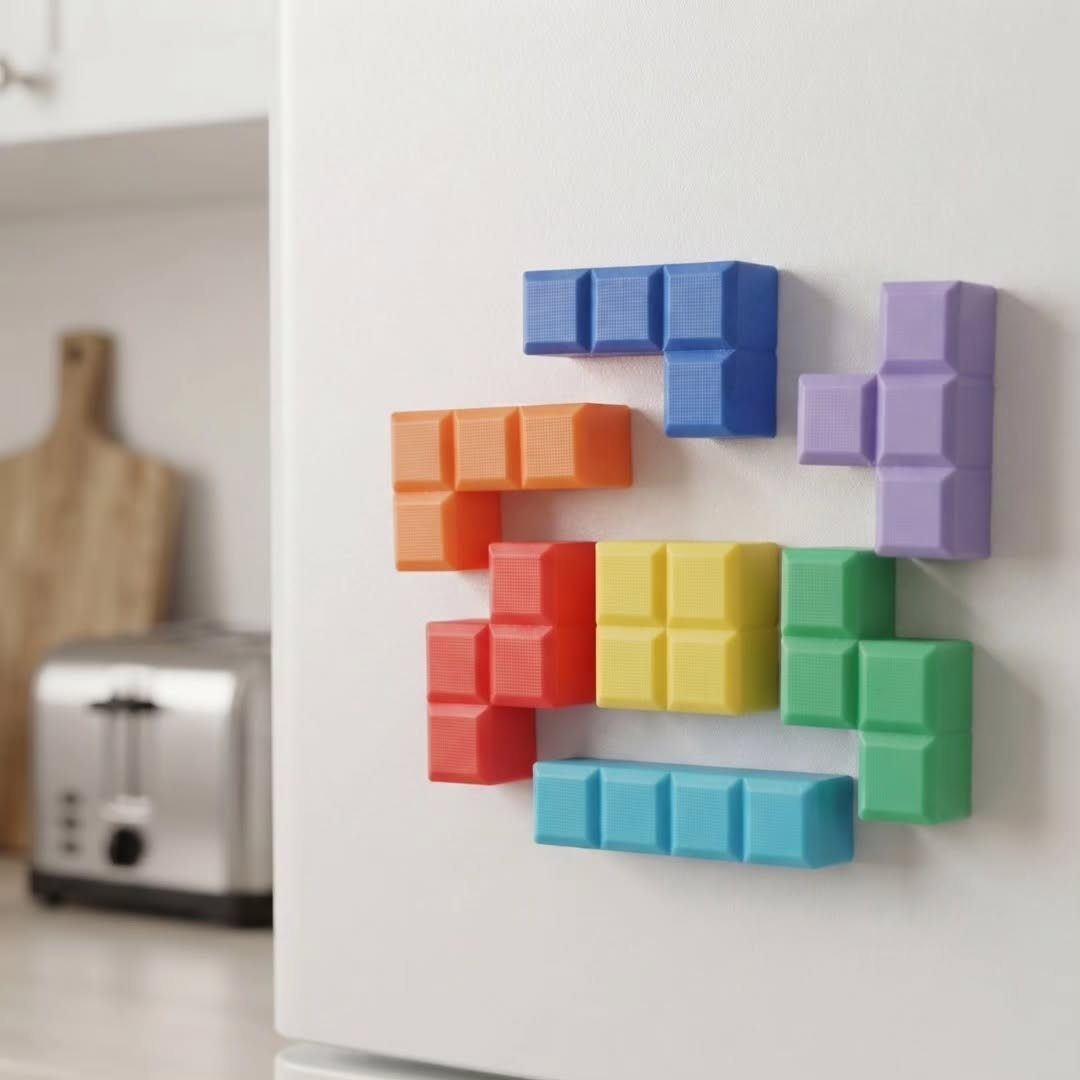 Colorful Tetris block magnets arranged on a white refrigerator in a bright kitchen.