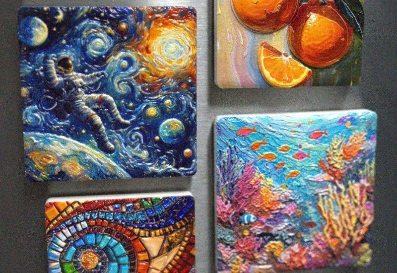 Four colorful textured art tiles with space, fruit, mosaic, and ocean themes on a surface.