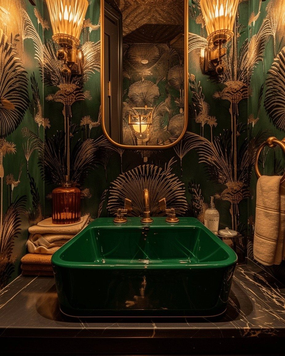 Emerald green vessel sink and gold fixtures against tropical palm leaf wallpaper in a luxury bathroom.