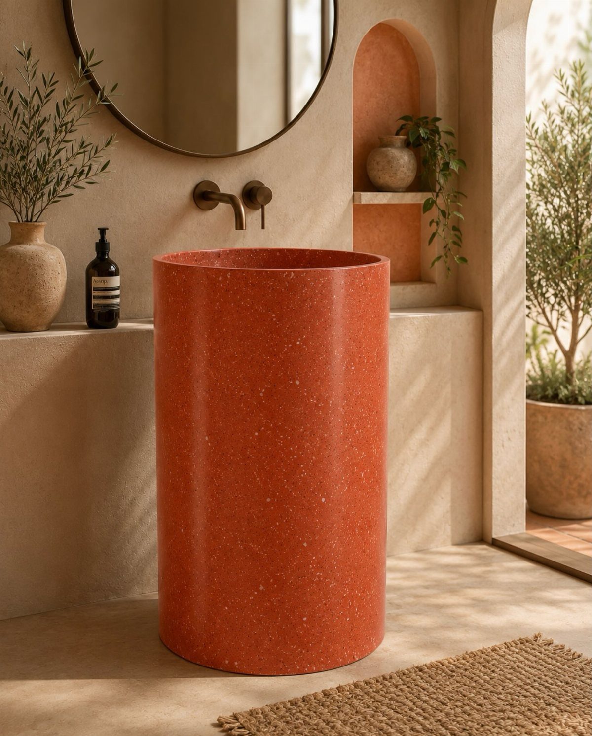 A terracotta terrazzo pedestal sink in a sunlit, minimalist bathroom with plants.