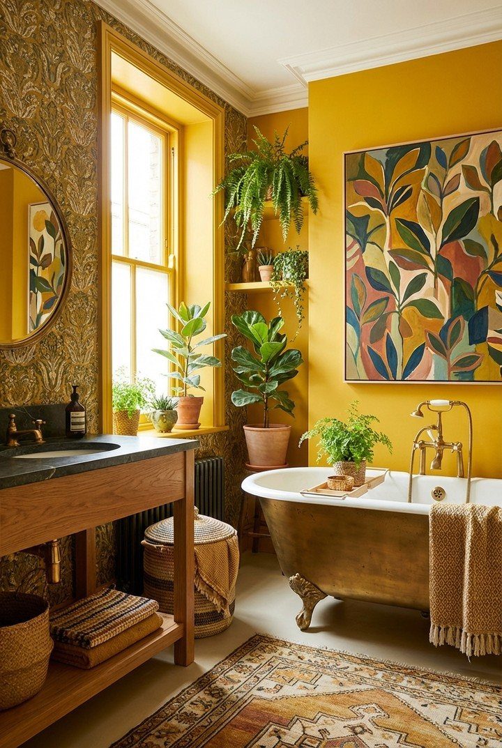 Mustard yellow bathroom walls with a brass clawfoot tub and lush green plants.
