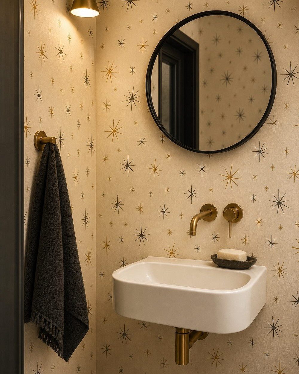 White wall-mounted sink with brass fixtures against starburst patterned wallpaper and a round mirror.