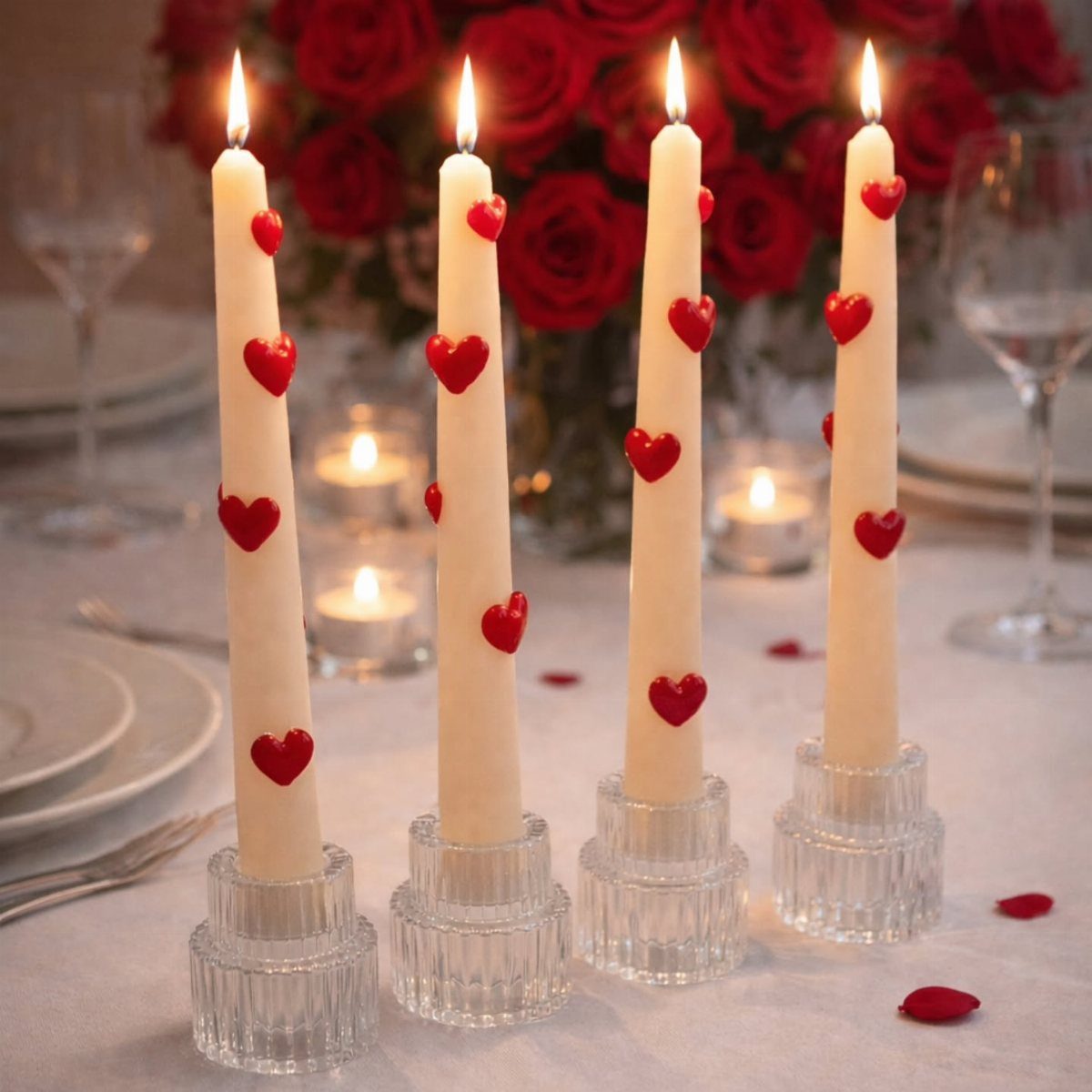 Four lit taper candles decorated with red hearts stand in glass holders on a table.