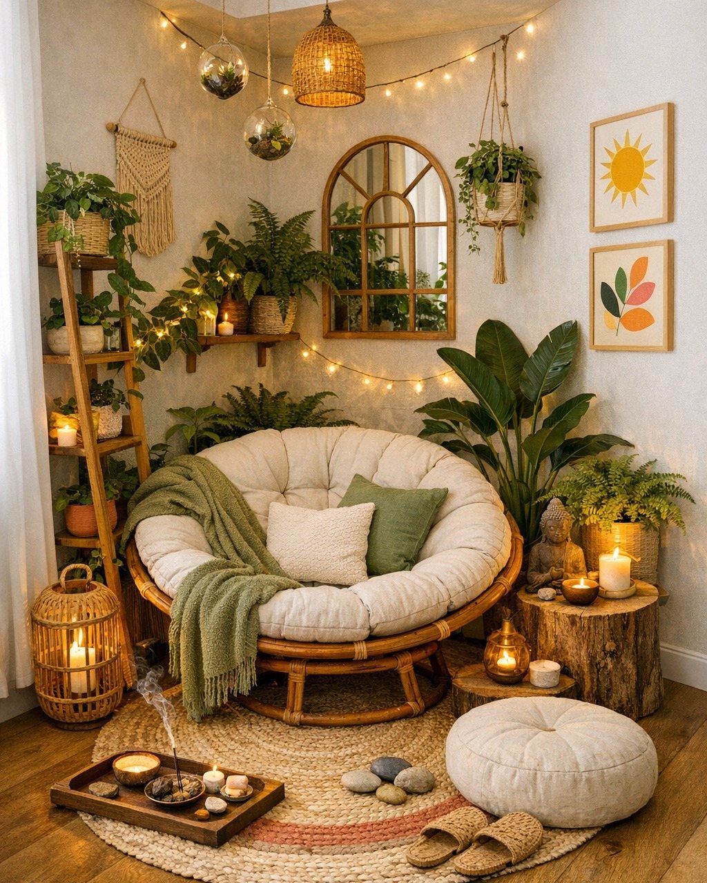 A large rattan papasan chair with green pillows and a throw sits in a plant-filled cozy corner.