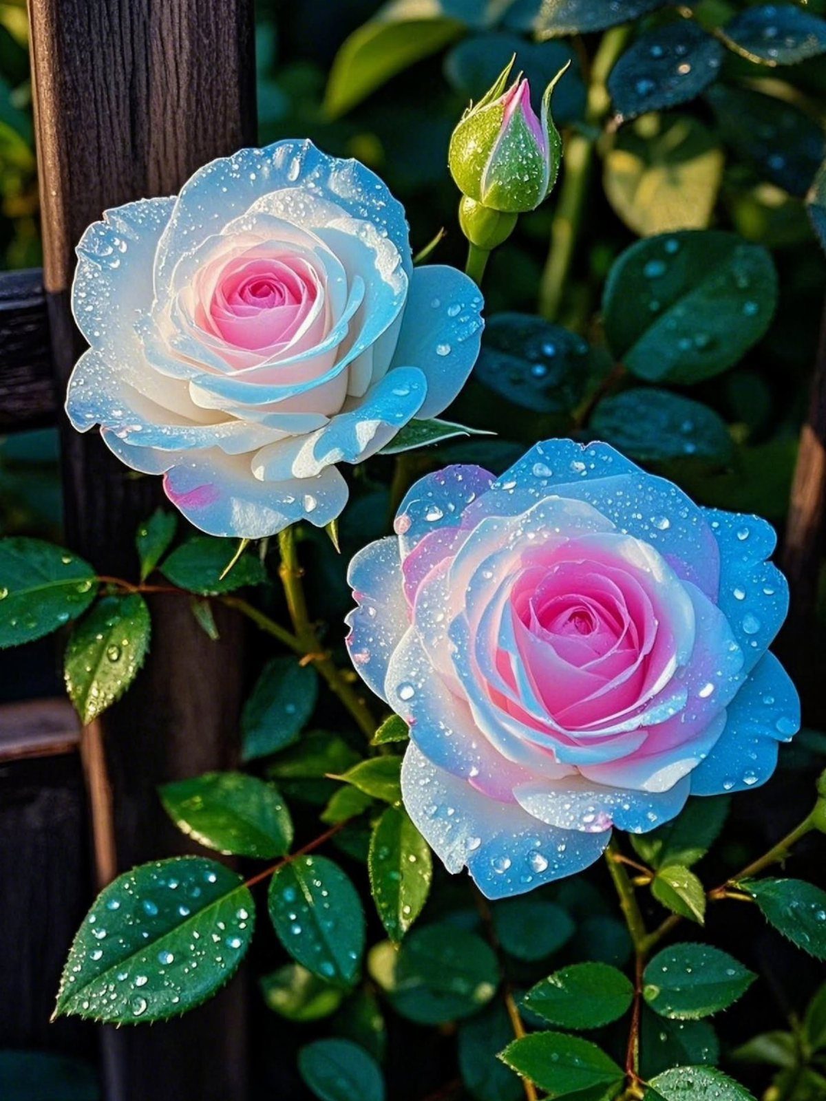 Two dew-covered light pink roses blooming against a dark wooden fence and green foliage.