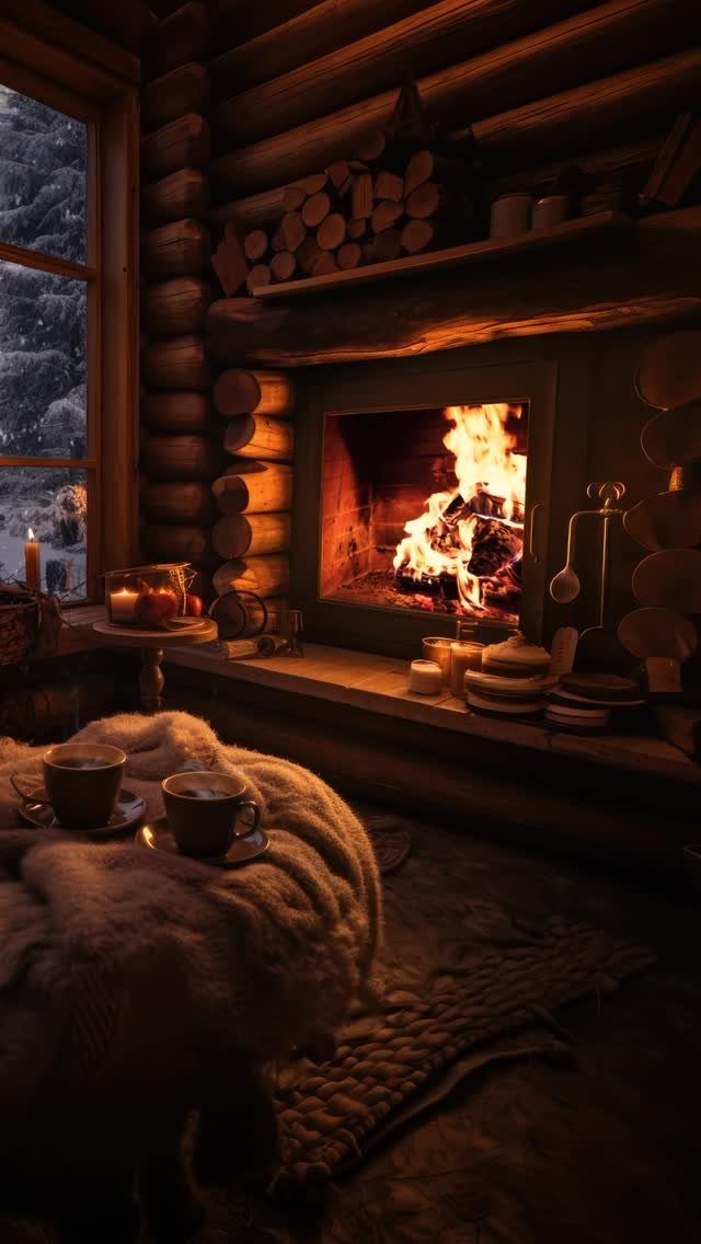 A warm fireplace glowing inside a log cabin next to coffee and a soft white throw.