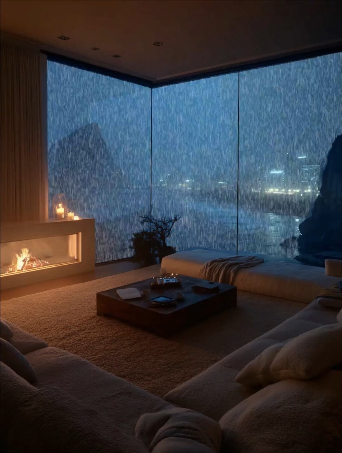 A modern living room featuring a built-in fireplace and large windows overlooking a rainy city at night.