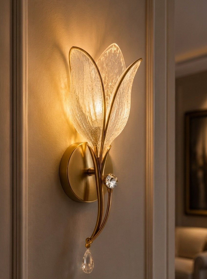 A gold flower-shaped wall sconce glowing with warm light against a paneled wall.
