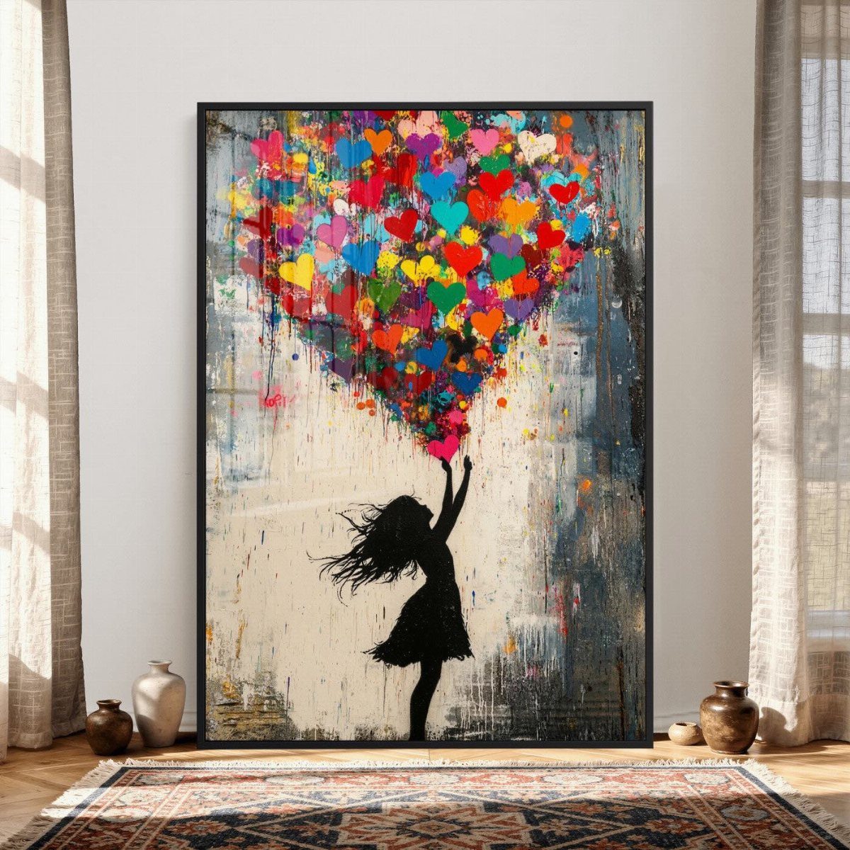 Large framed wall art featuring a silhouette of a girl holding colorful heart-shaped balloons.