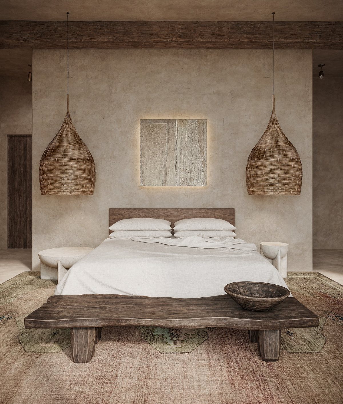 A rustic bedroom featuring a wooden bed, woven pendant lights, and layered textured rugs on the floor.