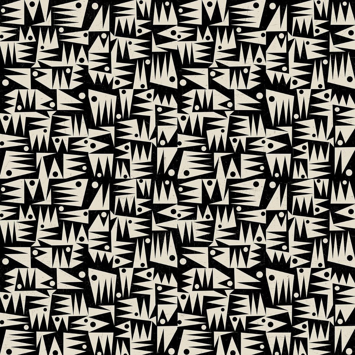 A high-contrast black and cream geometric pattern with abstract shapes and jagged lines.