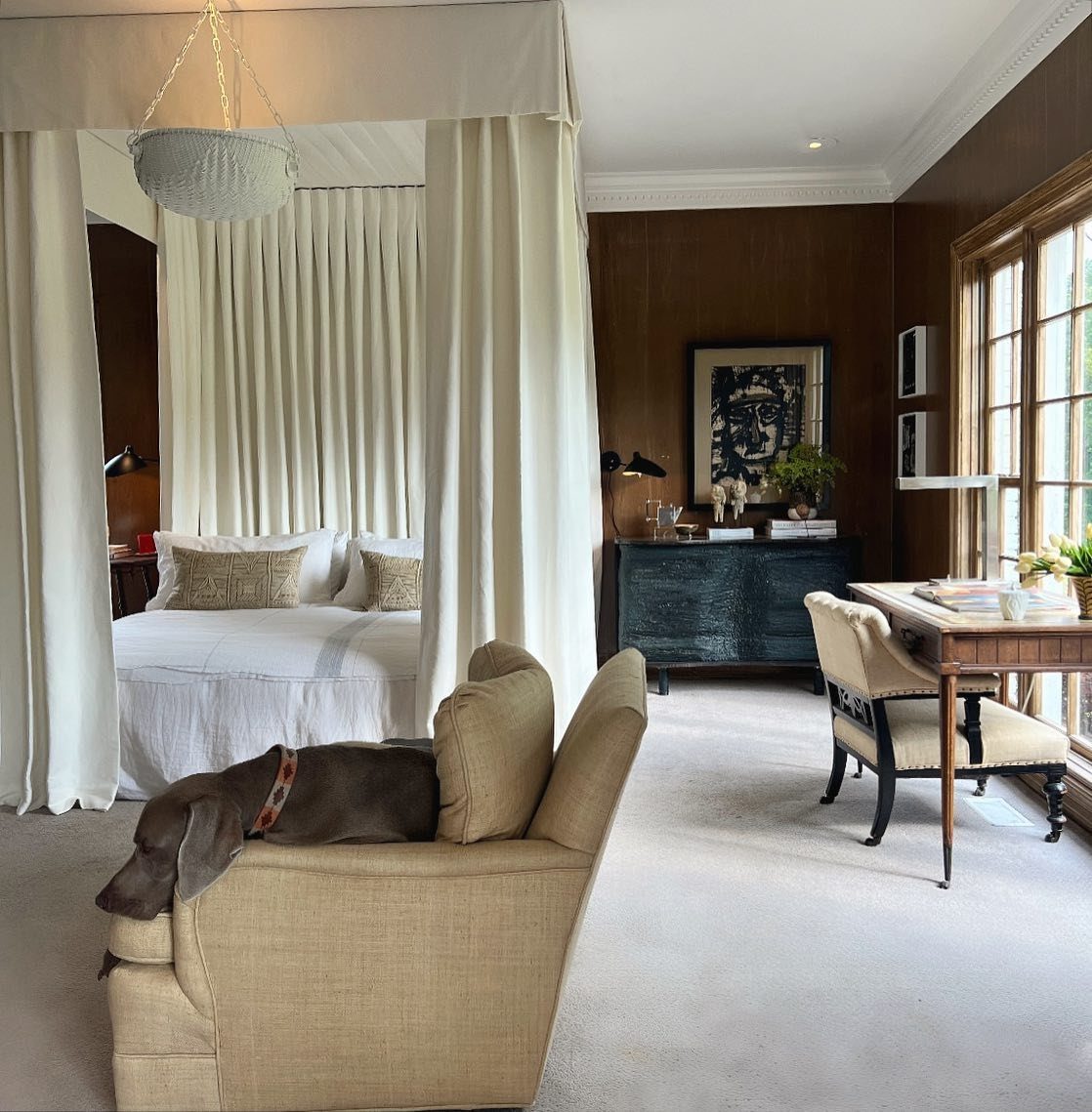 A canopy bed with white curtains, a beige armchair with a dog, and a wooden desk.