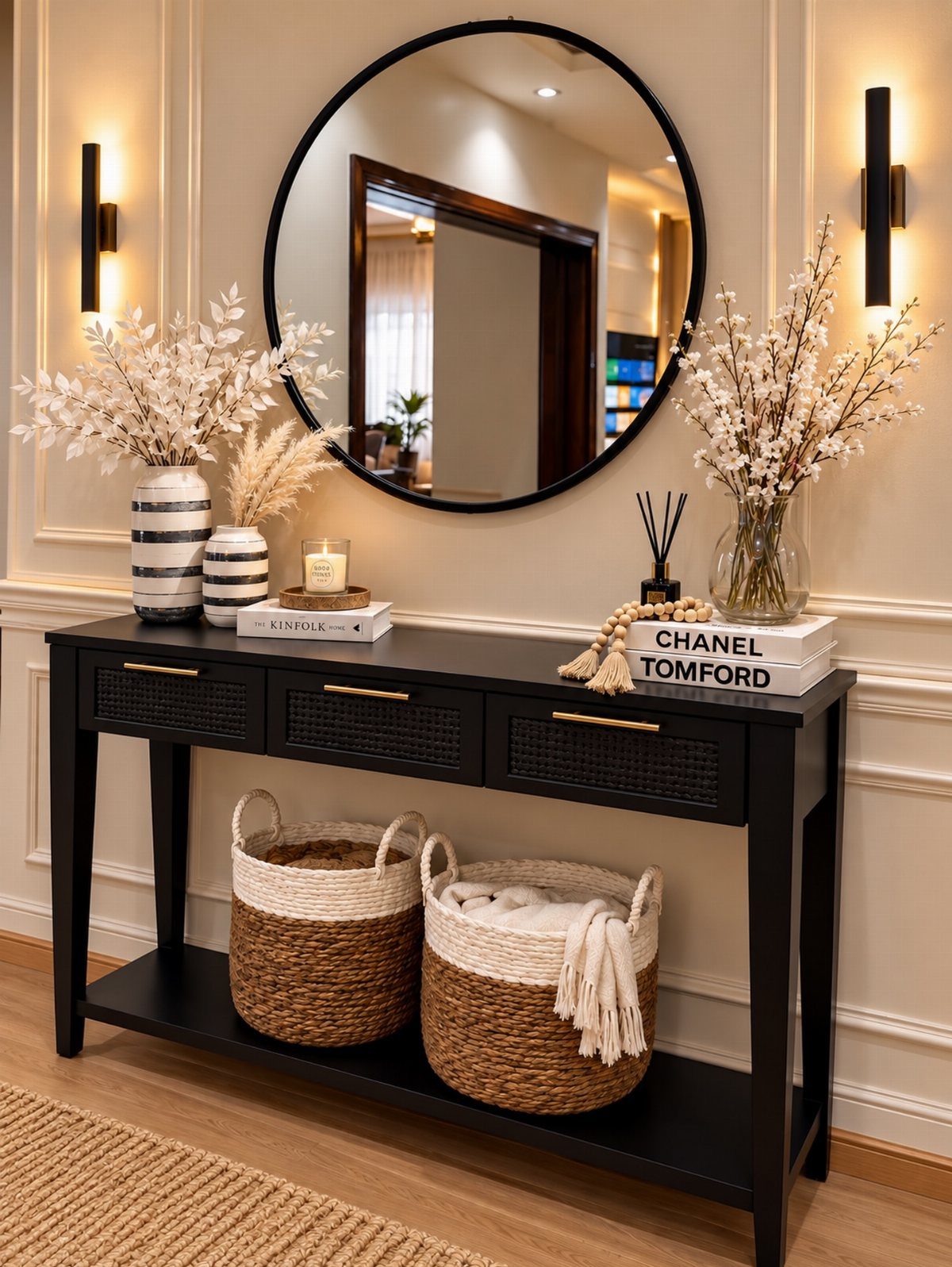 A large round mirror hangs above a black console table decorated with white flowers and books.