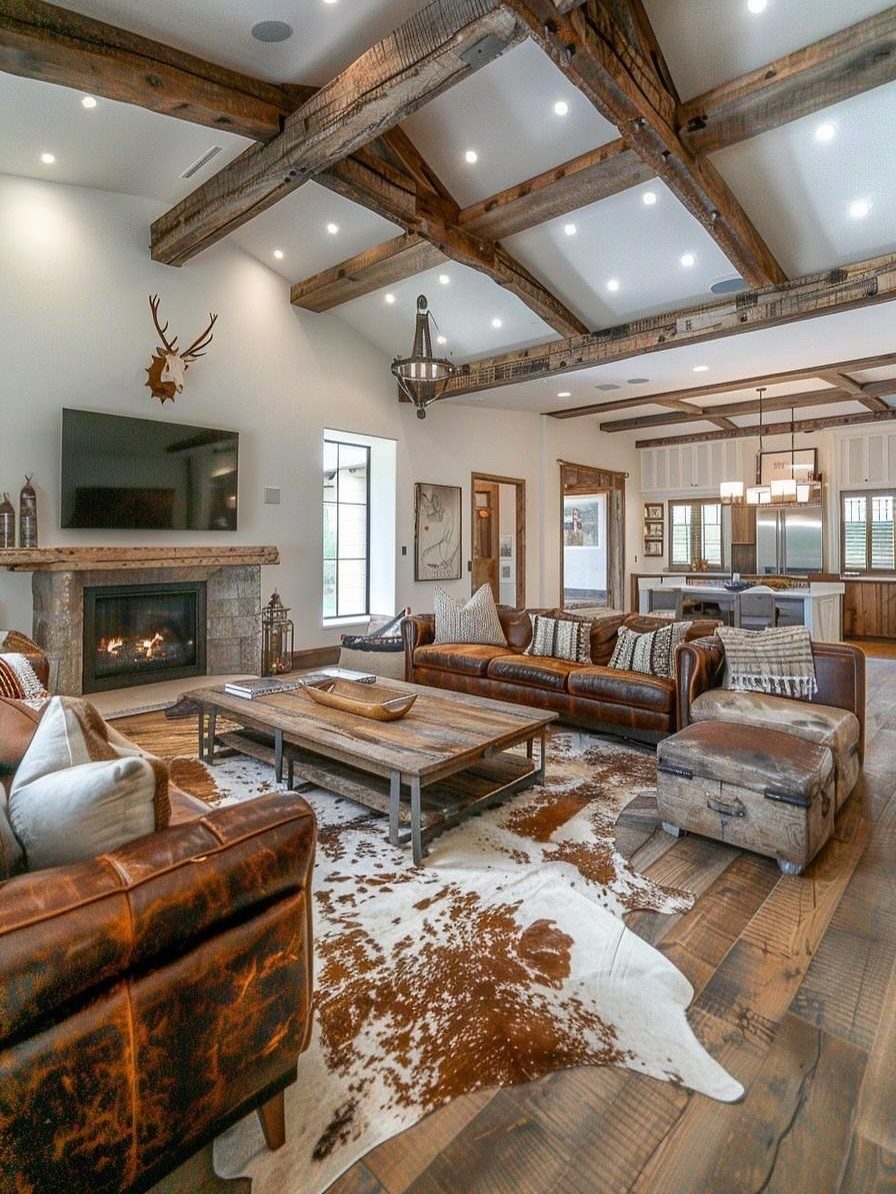 A large white and brown cowhide rug lies on a wooden floor in a rustic living room.
