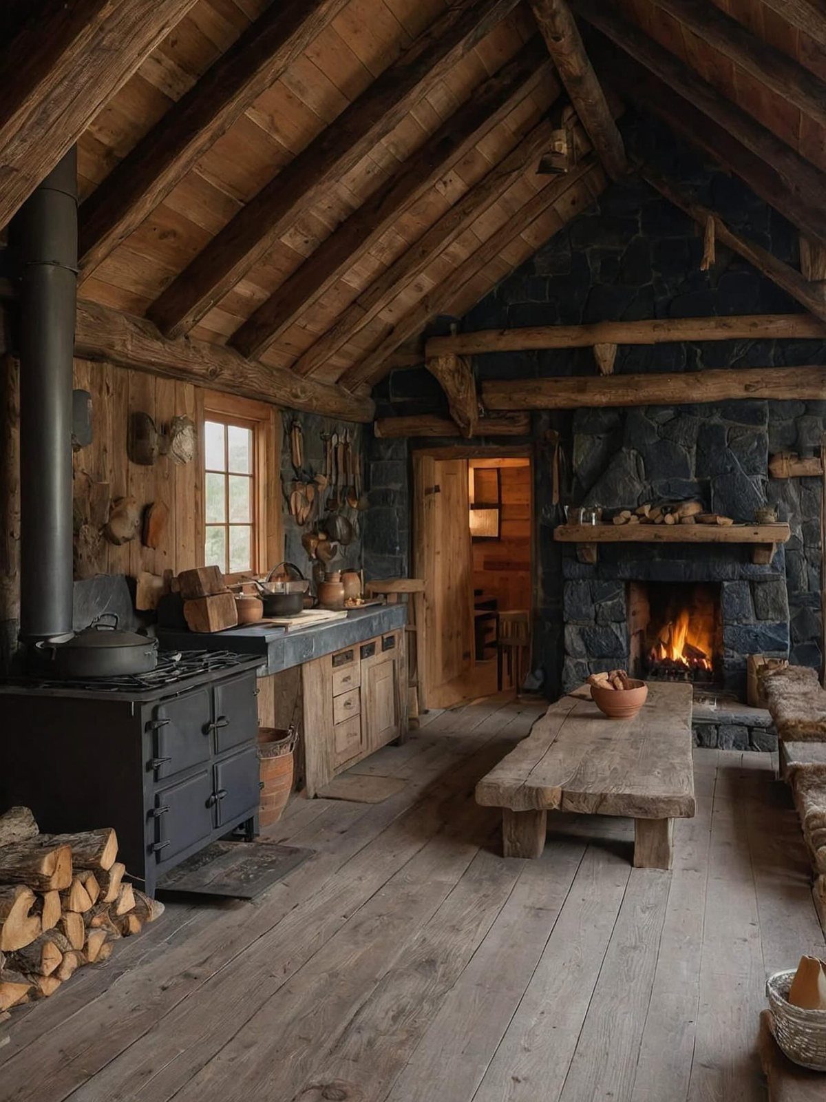 A rustic stone fireplace with a glowing fire sits beneath heavy exposed wooden ceiling beams.
