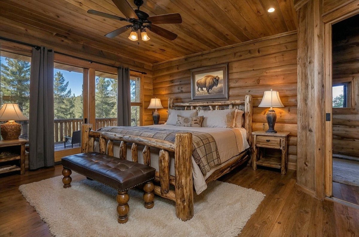 A log cabin style bed frame with thick wooden logs sits in a wood-paneled bedroom.