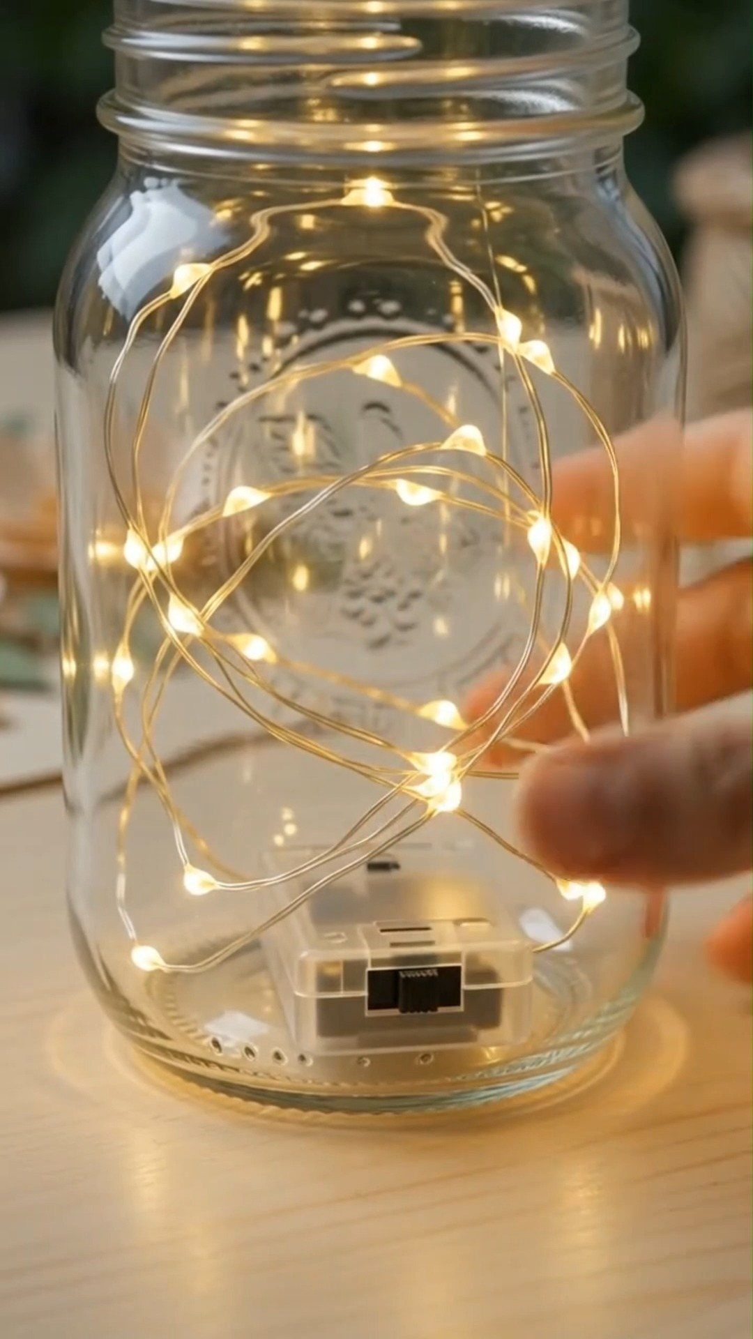 A glass mason jar filled with glowing warm white fairy lights on a wooden table.