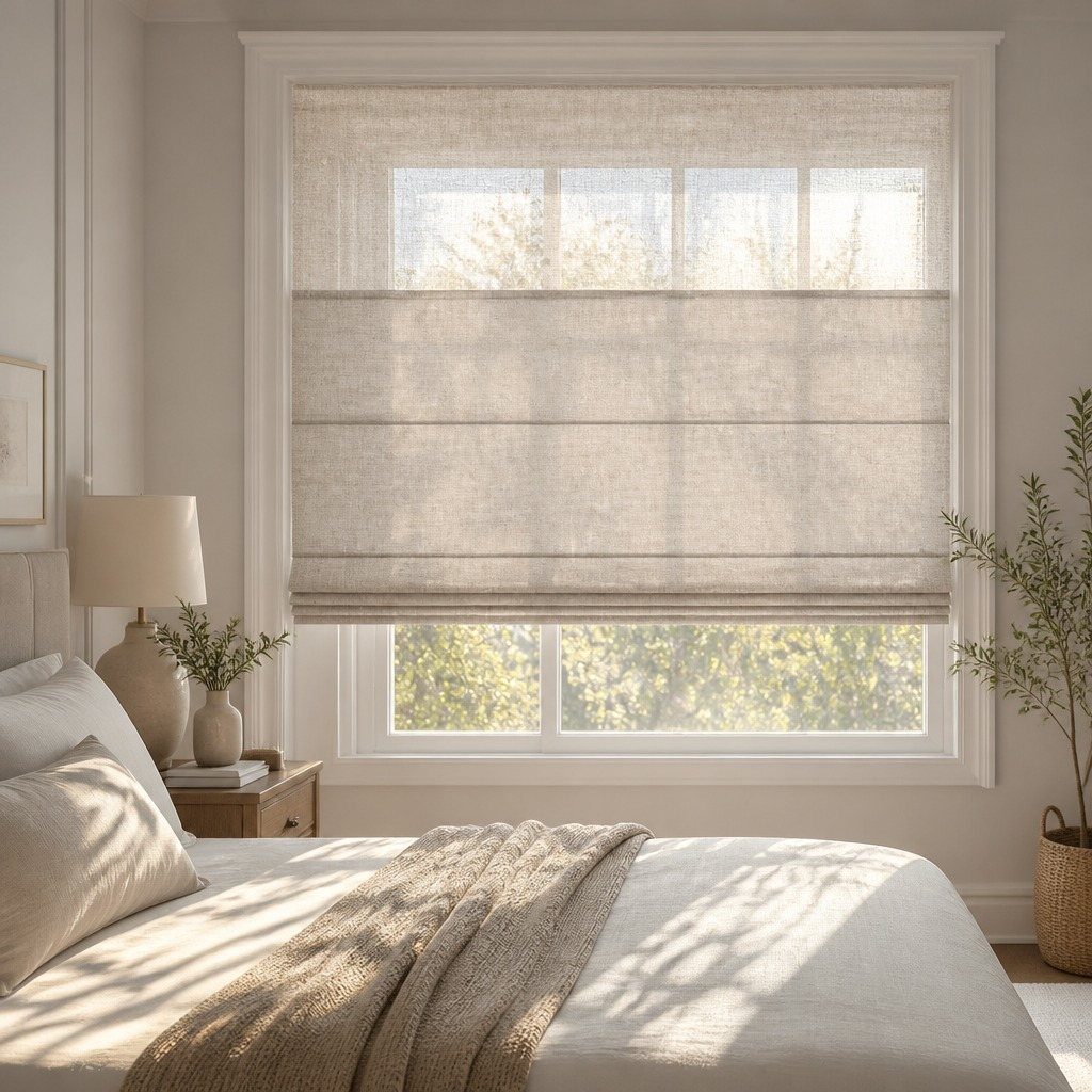 Light-colored Roman shades on a large window letting sunlight into a bright bedroom.