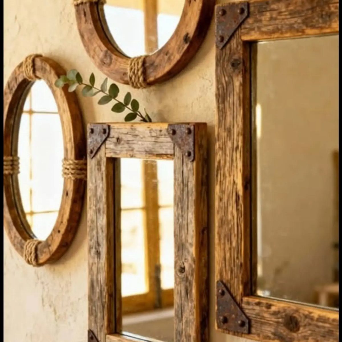 Three rustic wooden mirrors with rope and metal accents hanging on a textured wall.